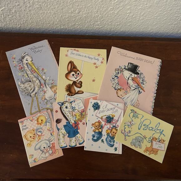 7x Vintage 50s/60s Baby Cards Stork Bunny Critters Ephemera Scrapbook - Picture 1 of 16